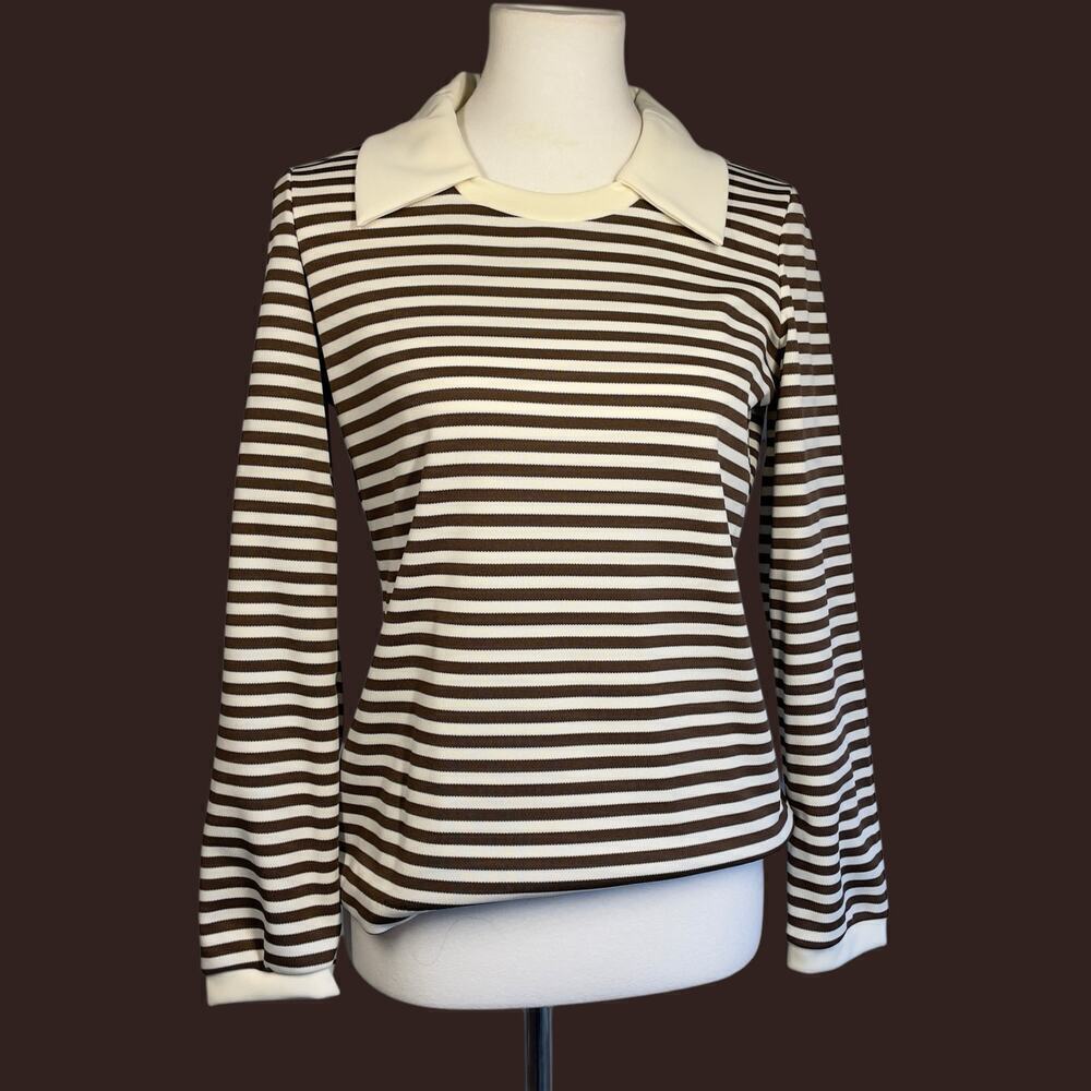 JCPenny Vintage Brown Striped Polo Top Medium - Picture 9 of 12